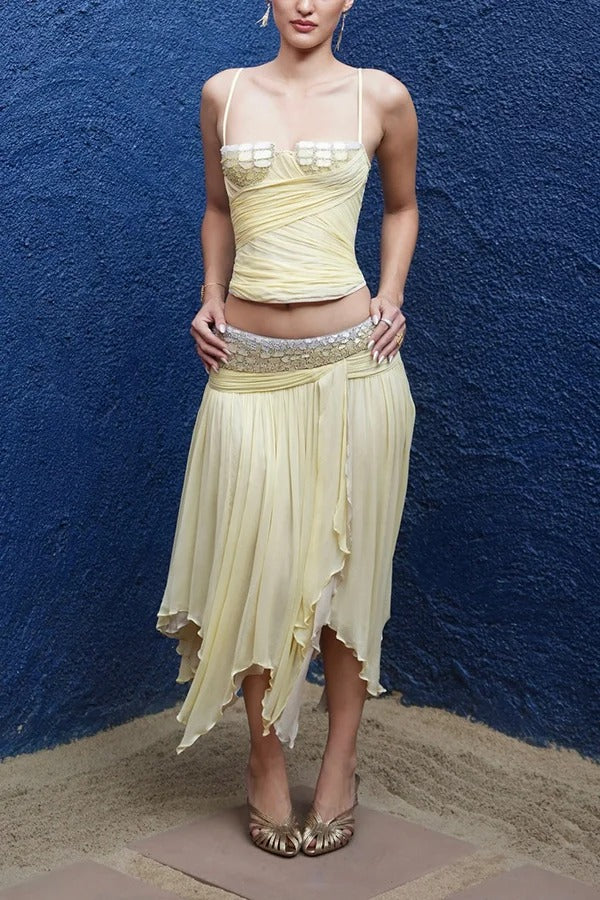 Romantic Sunset Pleated Chiffon Crystals & Beads Detail Back Lace-up Slip Tank