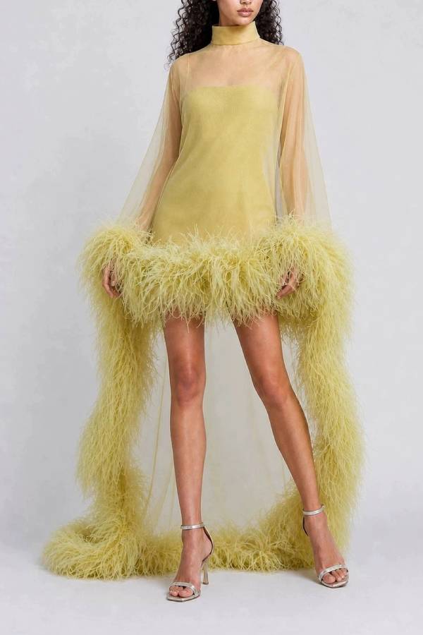High‑Neck Tulle Feather Train Evening Gown