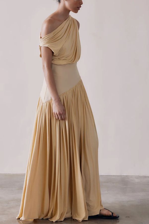 Gwen Soft Knit Fabric Off Shoulder Ruched Detail Drape Maxi Dress