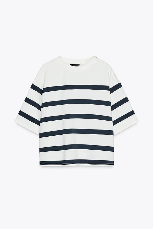 Logbook Stripe Button Shoulder T-Shirt and High-Rise Pocketed Loose Shorts Set