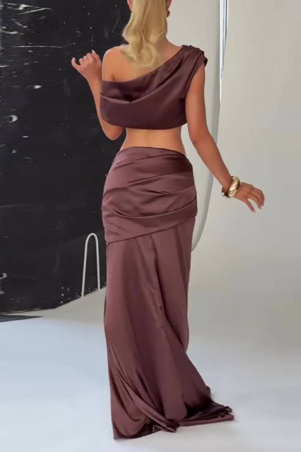 Off-the-shoulder satin crop top and fishtail skirt set