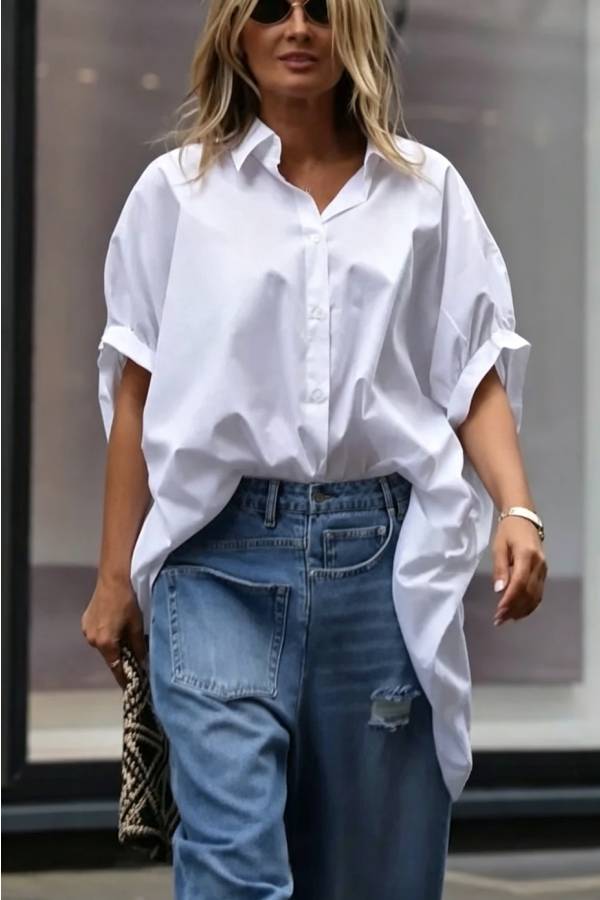 Street Style Denim Asymmetrical Pocket Design Mid Rise Distressed Wide Leg Jeans