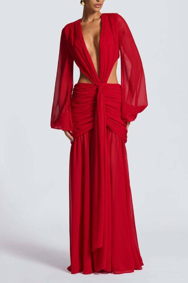 Deep V Lantern Sleeve Chiffon Cutout Maxi Evening Dress