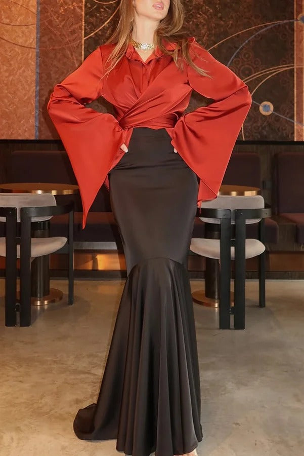 Jenny Satin High Rise Elastic Waist Flare Maxi Skirt