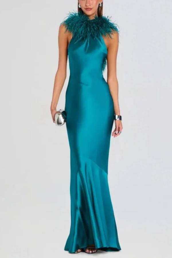 Teal Satin Feather Trim Halter Neck Sleeveless Evening Maxi Dress