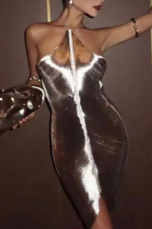 Metallic Shine Halter Bodycon Slit Party Mini Dress