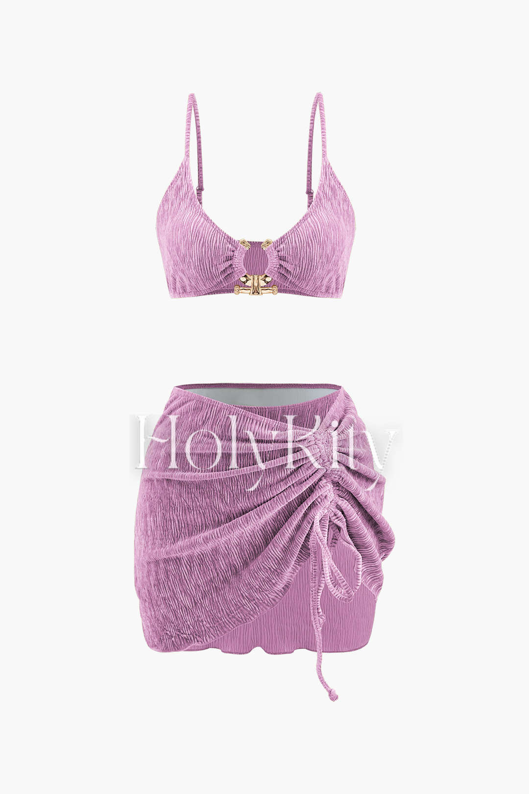 3-teiliges Set aus Bikini und Sarong mit Samtstruktur und U-Ring