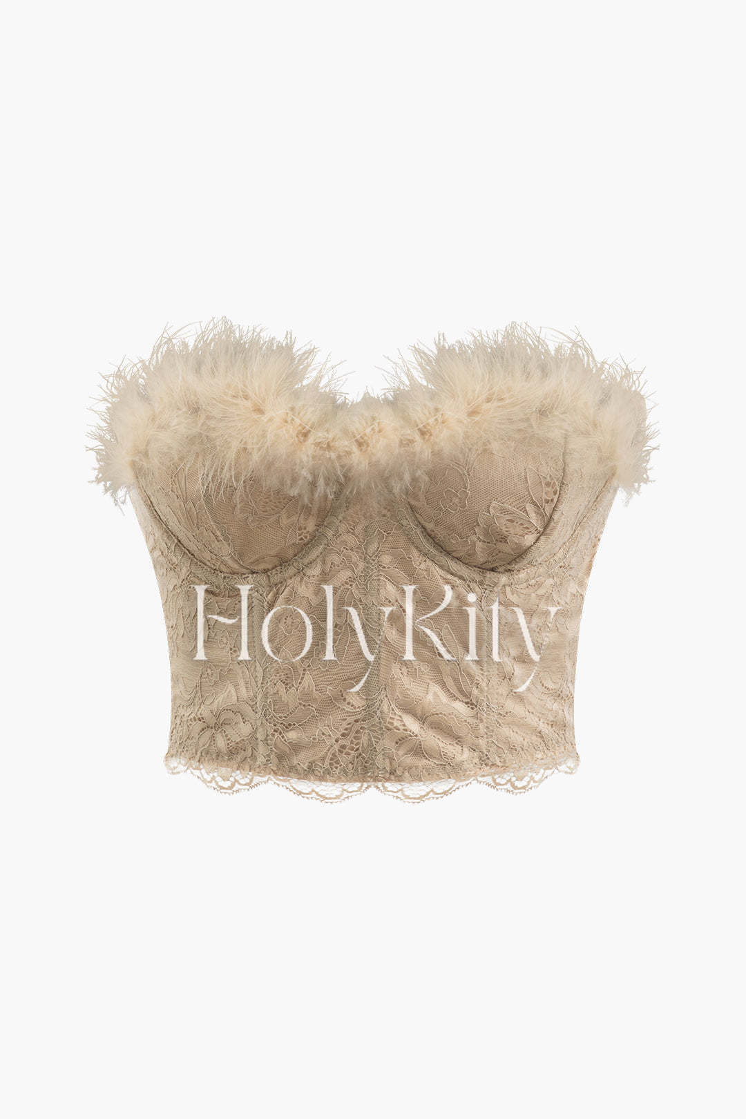 Feather Neckline Lace Strapless Corset Top