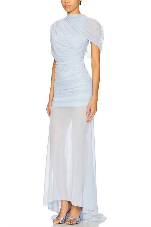 Elegant Ruched Sheer Panel Short-Sleeve Maxi Dress
