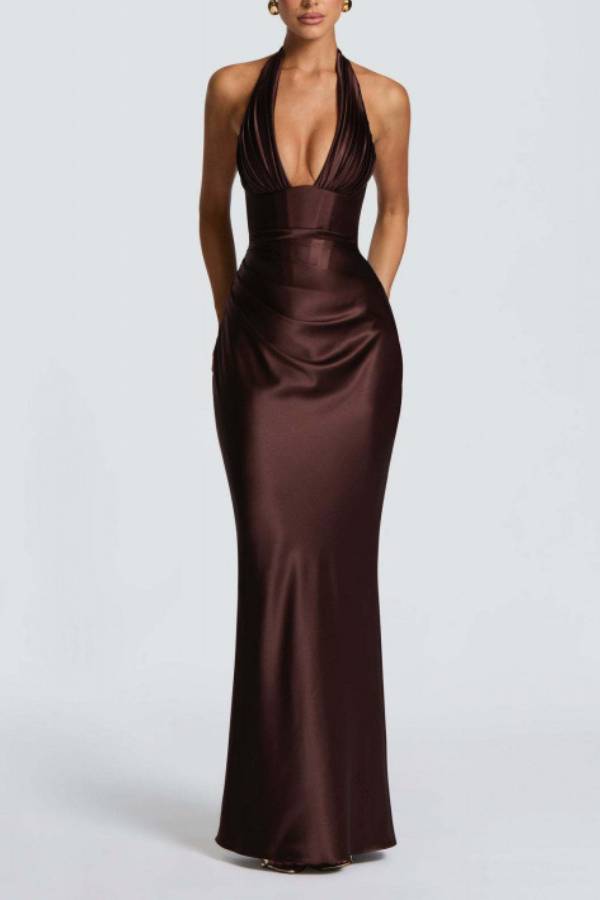 Halter Deep‑V Satin Ruched Mermaid Evening Gown