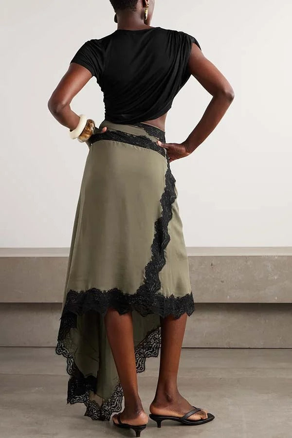 Verve Ribbed Jersey Cutout Waist Asymmetric Satin Lace Hem Maxi Dress