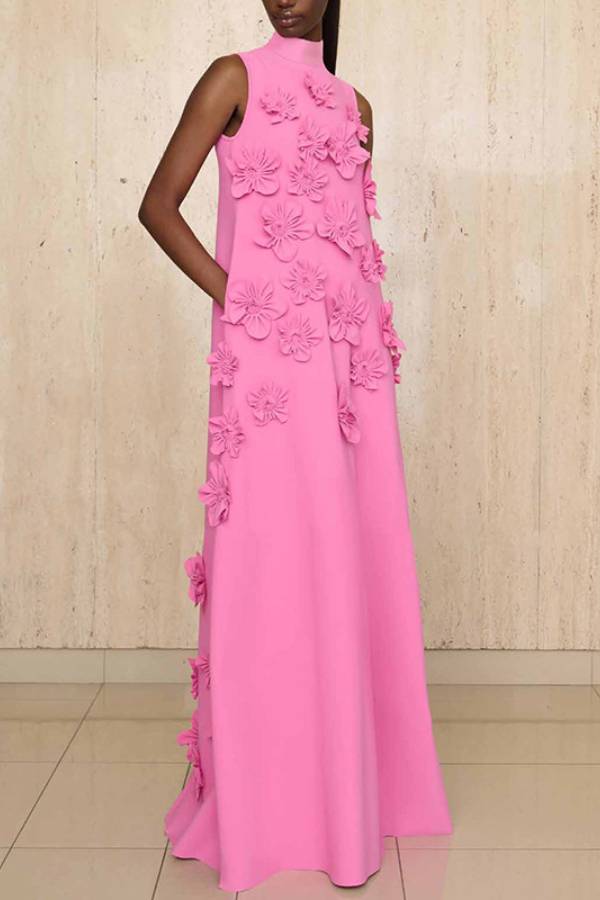3D Flower High Neck Sleeveless Long Dress