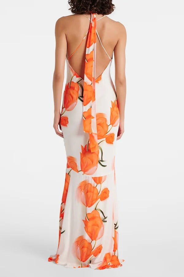 Charming Tulip Print Backless Crisscross Straps Flare Scarf Maxi Dress