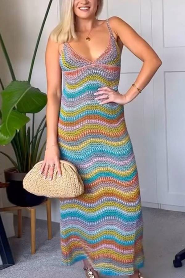 Rainbow Wavy Crochet Hollow Backless Sleeveless Maxi Dress