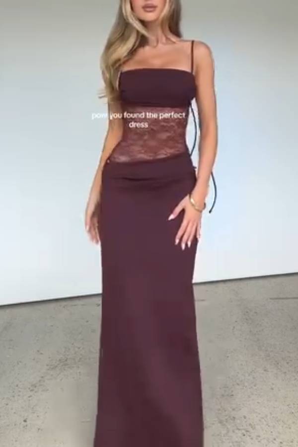 Thin-Strap Strapless Lace Patchwork Slim-Fit Bodycon Long Dress