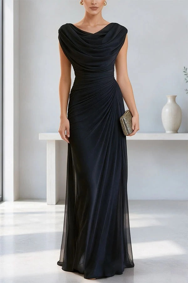 Good To Glow Ruched Chiffon Cowl Neck Drape Maxi Dress