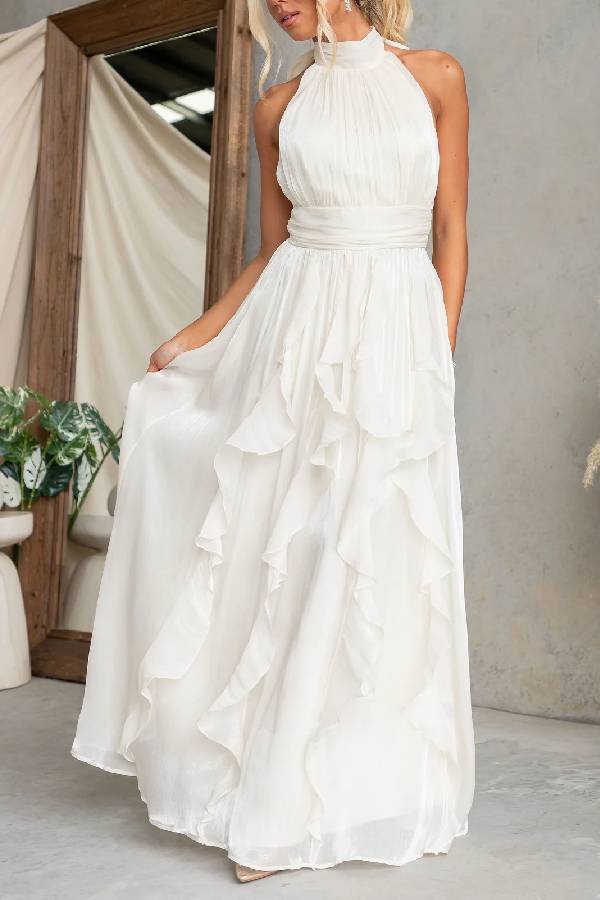 Shimmer Chiffon Halter Ruffle Bridesmaid Maxi Dress