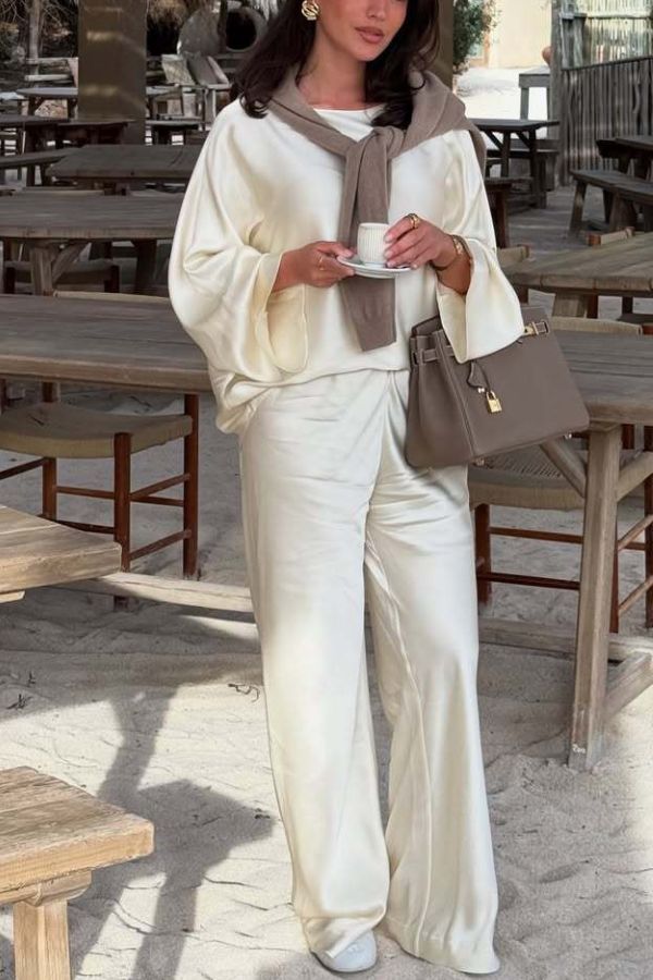 Silky and Elegant Satin Wide Neck Long Sleeve Loose Top and Elastic Waist Wide Leg Pants Set