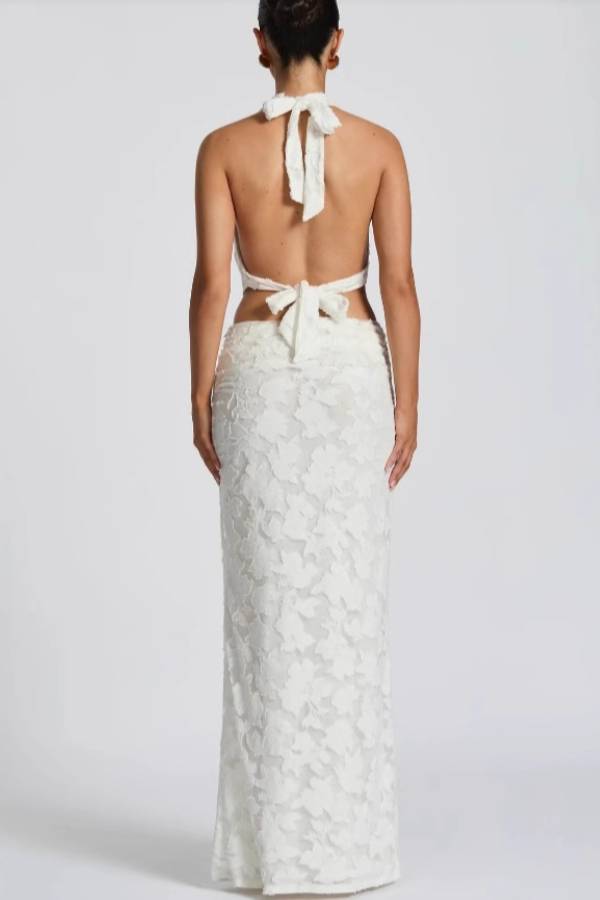 Halter Cowl Neck 3D Floral Lace Crop Top & Mermaid Maxi Skirt Two-Piece Set