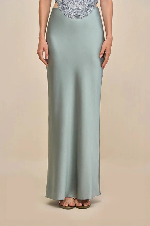 Keep Polished Satin High Rise Bias Cut Drape Maxi Skirt