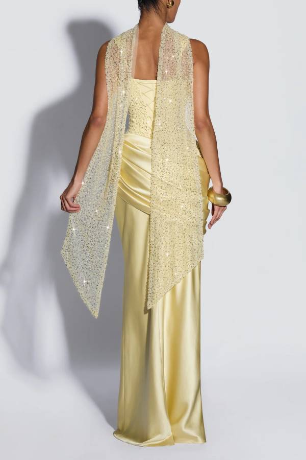 Alexandria Sequin Square Neck Back Lace-up Satin Drape Cowl Overlay Maxi Dress