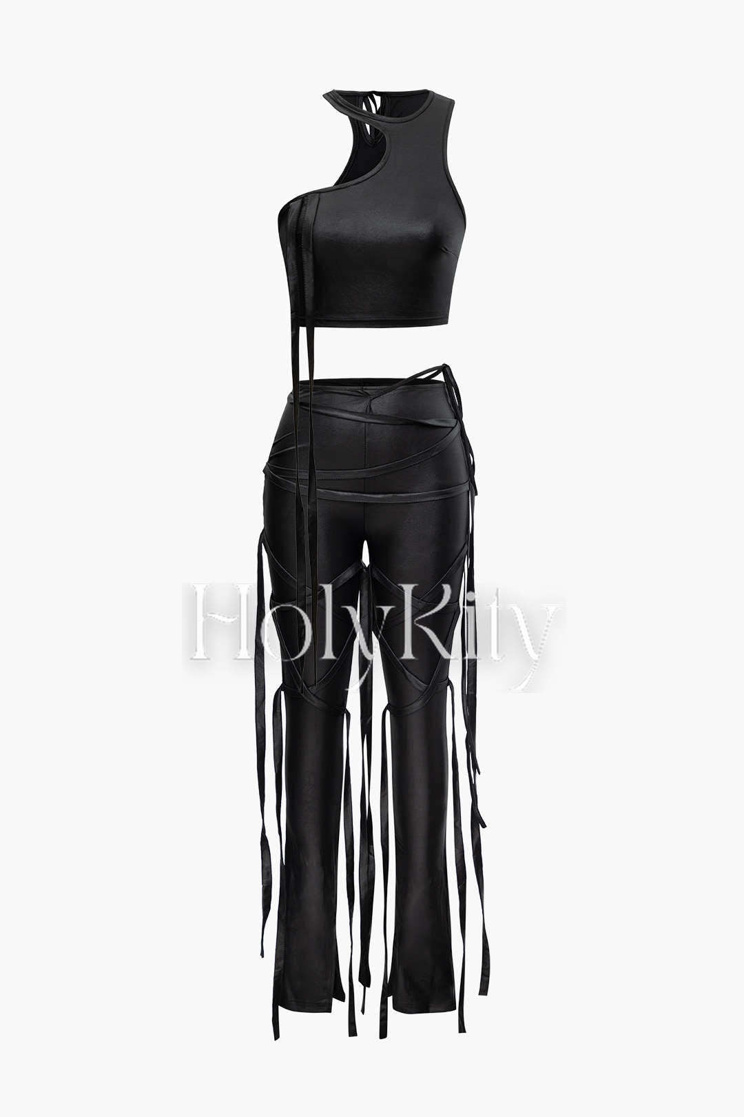 Ensemble débardeur asymétrique en similicuir et pantalon skinny à franges