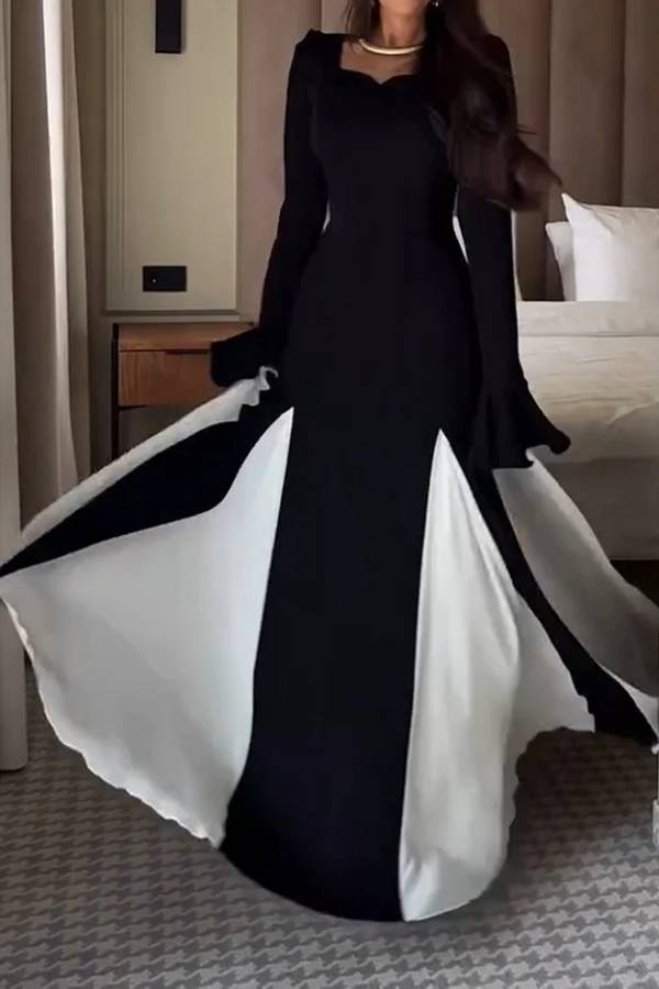 Black And White Flared Long-sleeved Maxi Dress