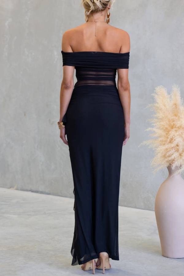 Off Shoulder Sheer Mesh Ruched Ruffle Slit Bodycon Maxi Dress