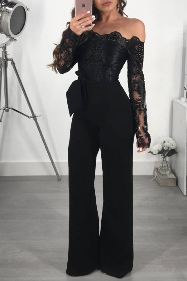 Off-the-shoulder lace wide-leg jumpsuit