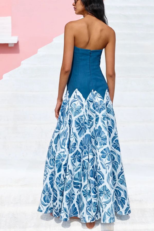 Dottie Colorblock Floral Print Drop Waist Gathered Strapless Maxi Dress