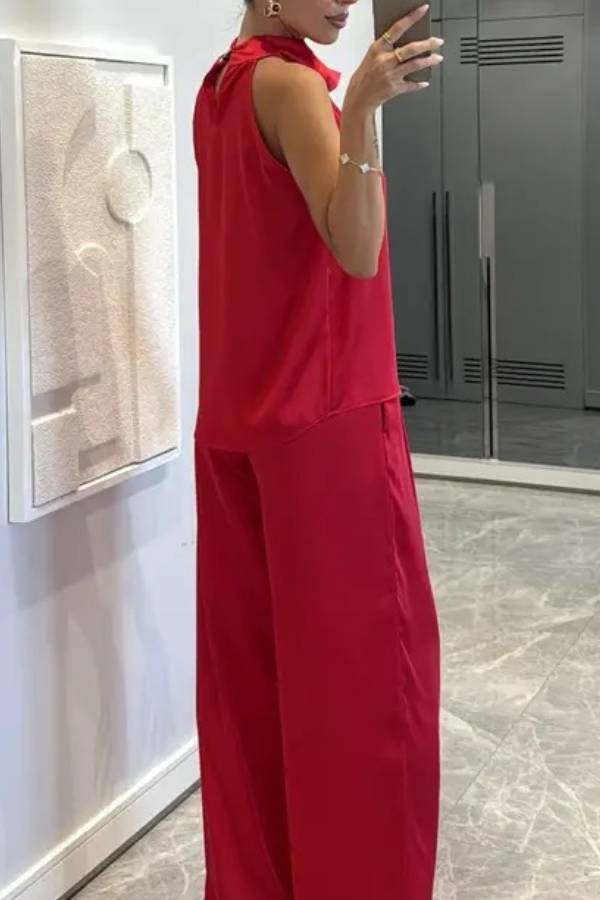 Classic on You Satin High Cowl Neck Top and Elastic Waist Pocket Loose Pants Set
