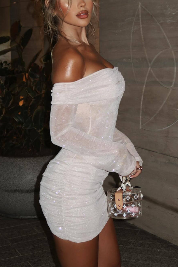 Off-the-Shoulder Glitter Mesh Long-Sleeve Ruched Bodycon Mini Dress
