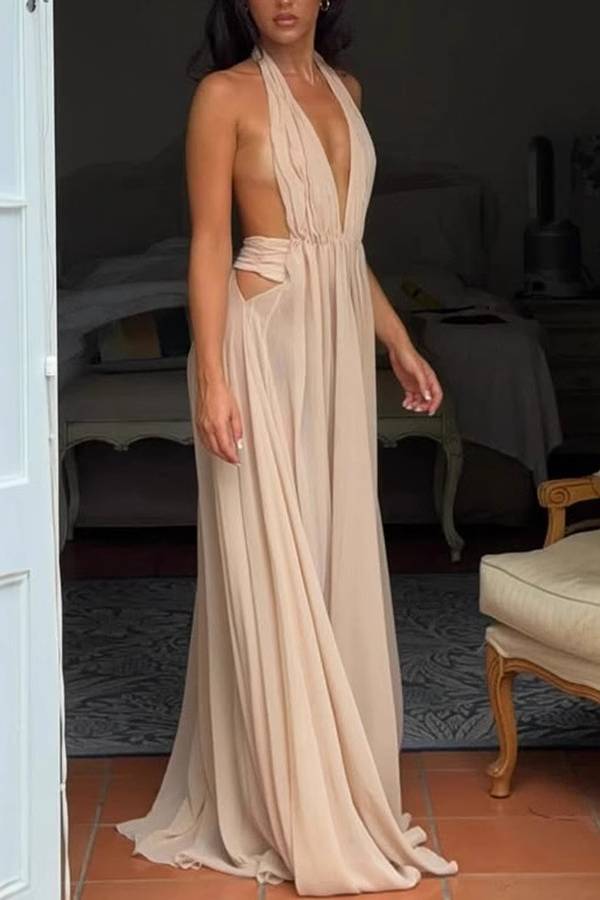 Nude Beige Halter Neck Deep V Backless Empire Waist Flowy Maxi Dress