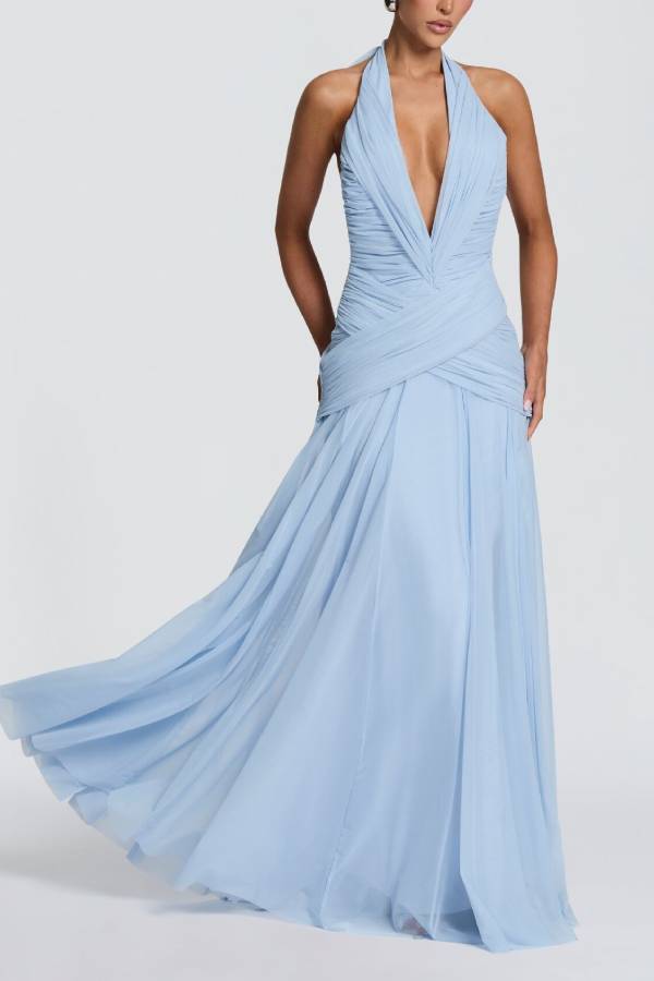 Halter Deep V Ruched Chiffon Evening Gown