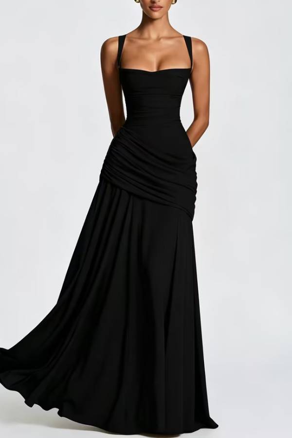 Square Neck Cross Ruched Waist Chiffon Evening Gown