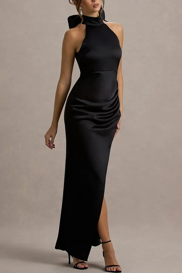 Maureen Satin High Neck Ruched Ruffle Slit Draped Maxi Dress