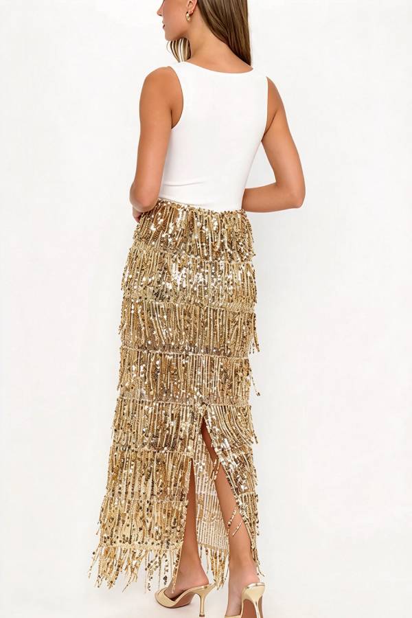 Sadie Ribbed Stretch Tank Layered Sequined Tassels Hem Maxi Dress