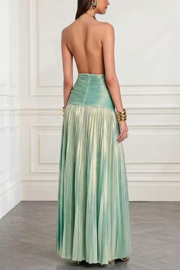 Faelina Metallic Pleated Fabric Metal Rings Halter Backless Slit Maxi Dress