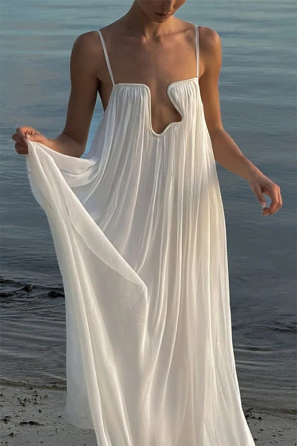 Sculptural Flowy Chiffon Plunging Chest Cutout Slip Loose Maxi Dress