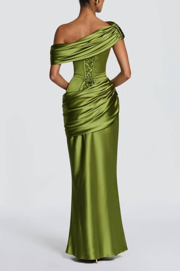 Ella Satin Detachable Asymmetric Off Shoulder Drape Panel Back Lace-up Maxi Dress