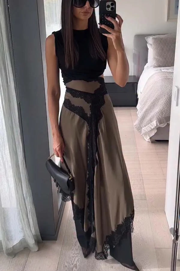 Verve Ribbed Jersey Cutout Waist Asymmetric Satin Lace Hem Maxi Dress