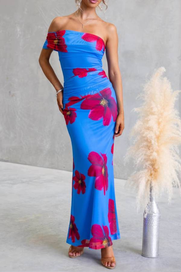 One-Shoulder Floral Print Ruched Mesh Bodycon Maxi Dress
