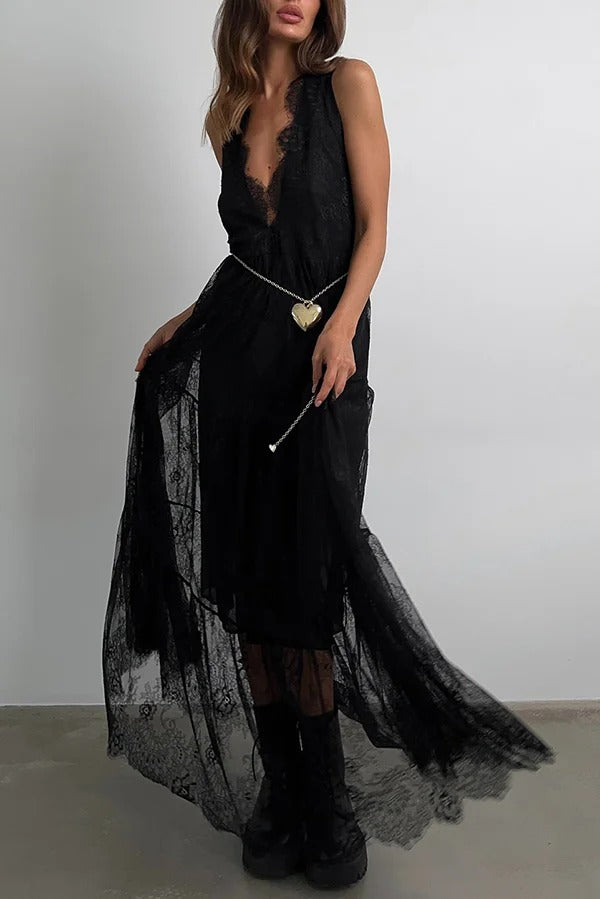 Fashionable Sheer Lace V-neck Backless Elegant Maxi Dress