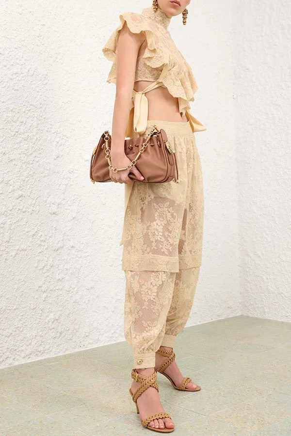 Ellie Lace Gathered Waist Pocket Button Ankle Cuffs Harem Pant