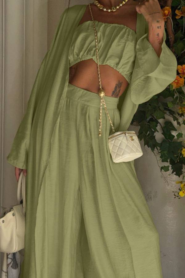 Sage Green Tube Top Cardigan Wide Leg Pants Three-Piece Set