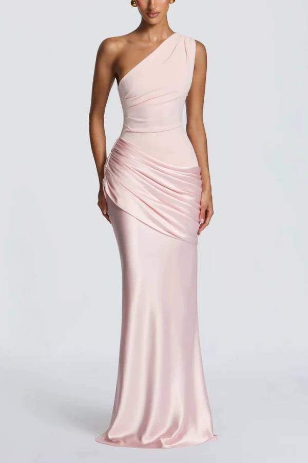 One Shoulder Ruched Satin Mermaid Maxi Gown