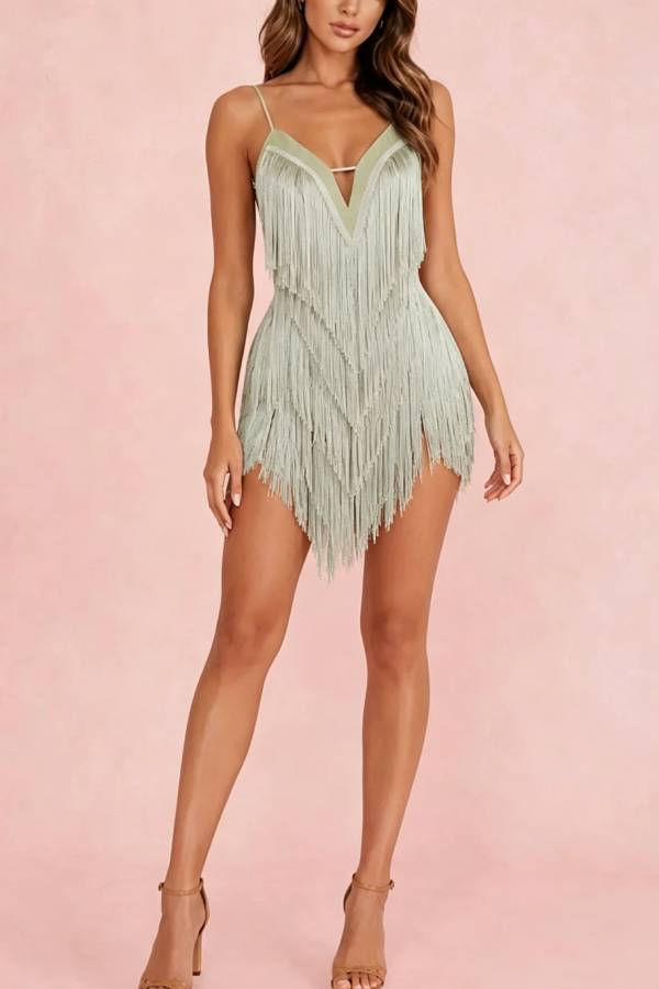 Dancing Sprite V-neck Tiered Tassels Backless Slip Latin Mini Dress