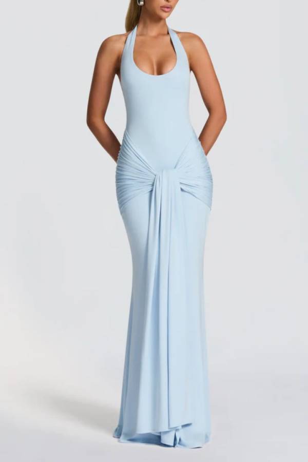 Halter Neck Ruched Tie-Detail Bodycon Gown