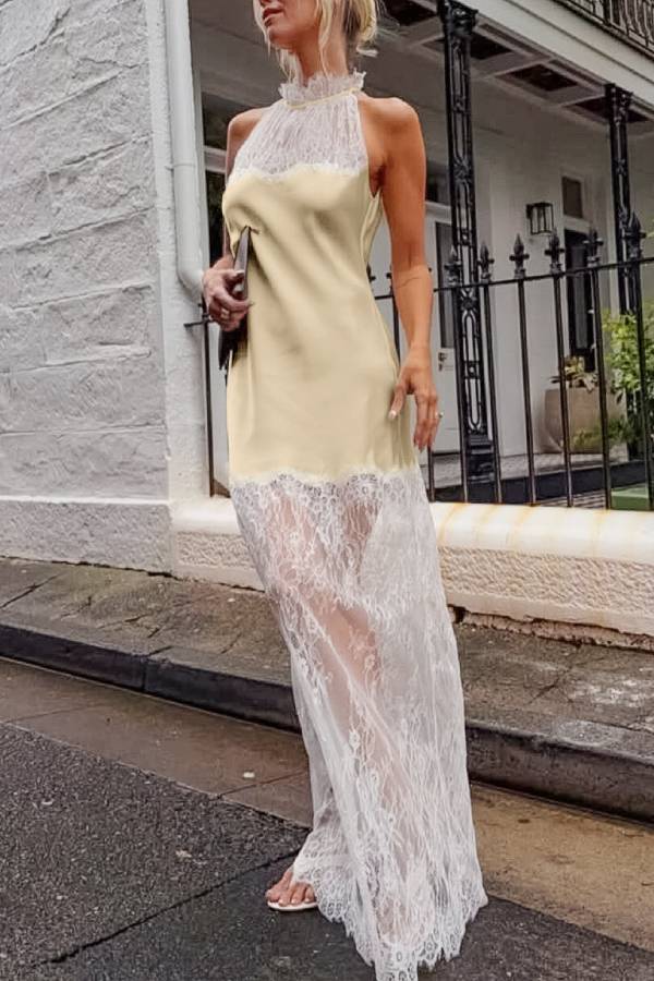 Halter Lace Trim Satin Maxi Dress Sheer Lace Hem Back Cutout Party Vacation Gown