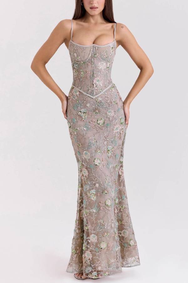 Heavy Beaded Embroidered Spaghetti Strap Mermaid Evening Gown